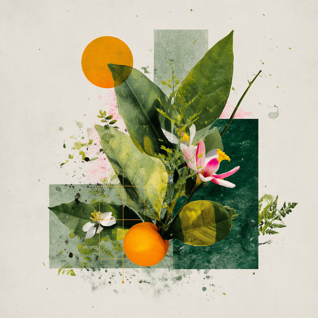 Botanische Kunst Mit Blaettern Blumen Und Einer Orange Geometrische Formen | Collagen | Kunstgattungen
