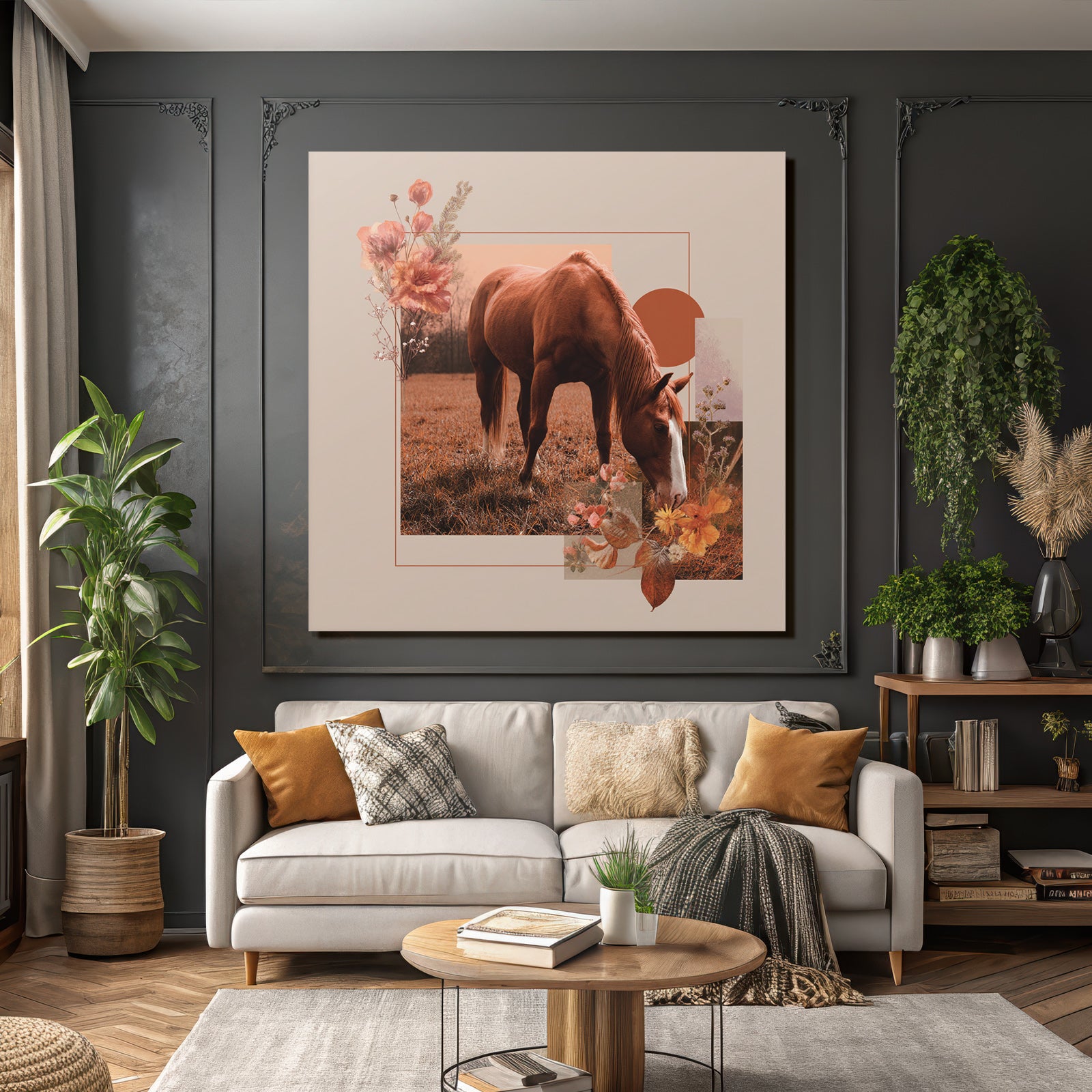 Braunes Pferd Waesend Im Feld Mit Blumen Und Geometrischen Formen