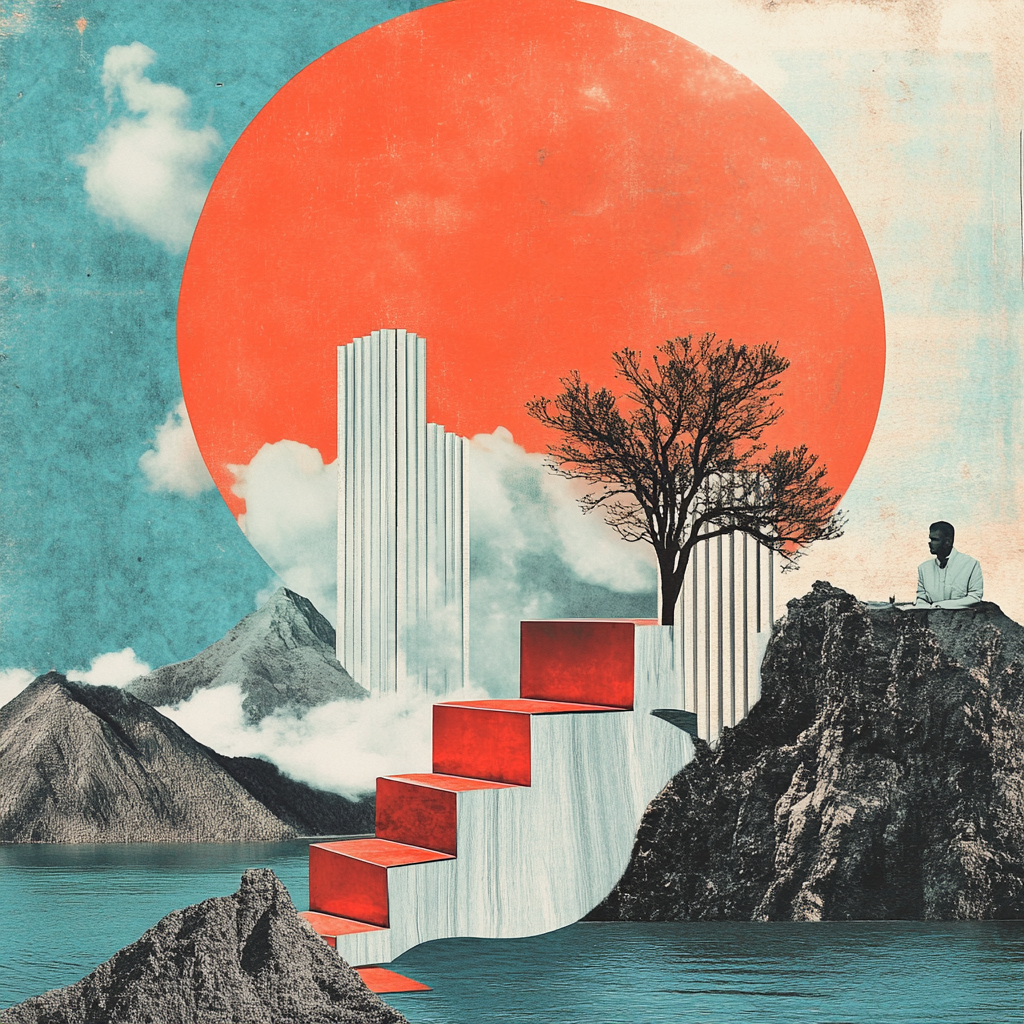 Collage Surrealismus Roter Sonne Geometrische Elemente | Collagen | Kunstgattungen
