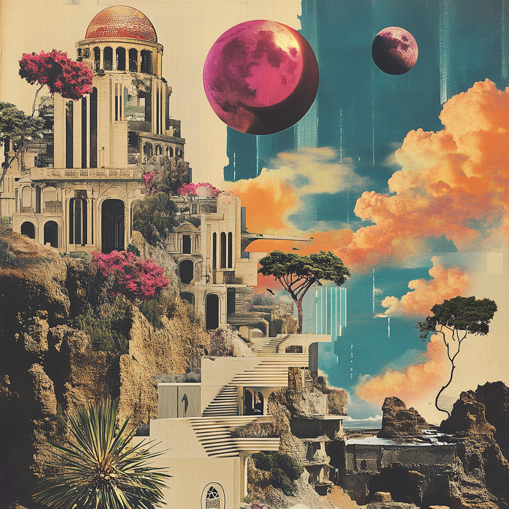 Fantastische Landschaft Surreale Architektur Blumen Planeten Kreative Kunst | Collagen | Kunstgattungen