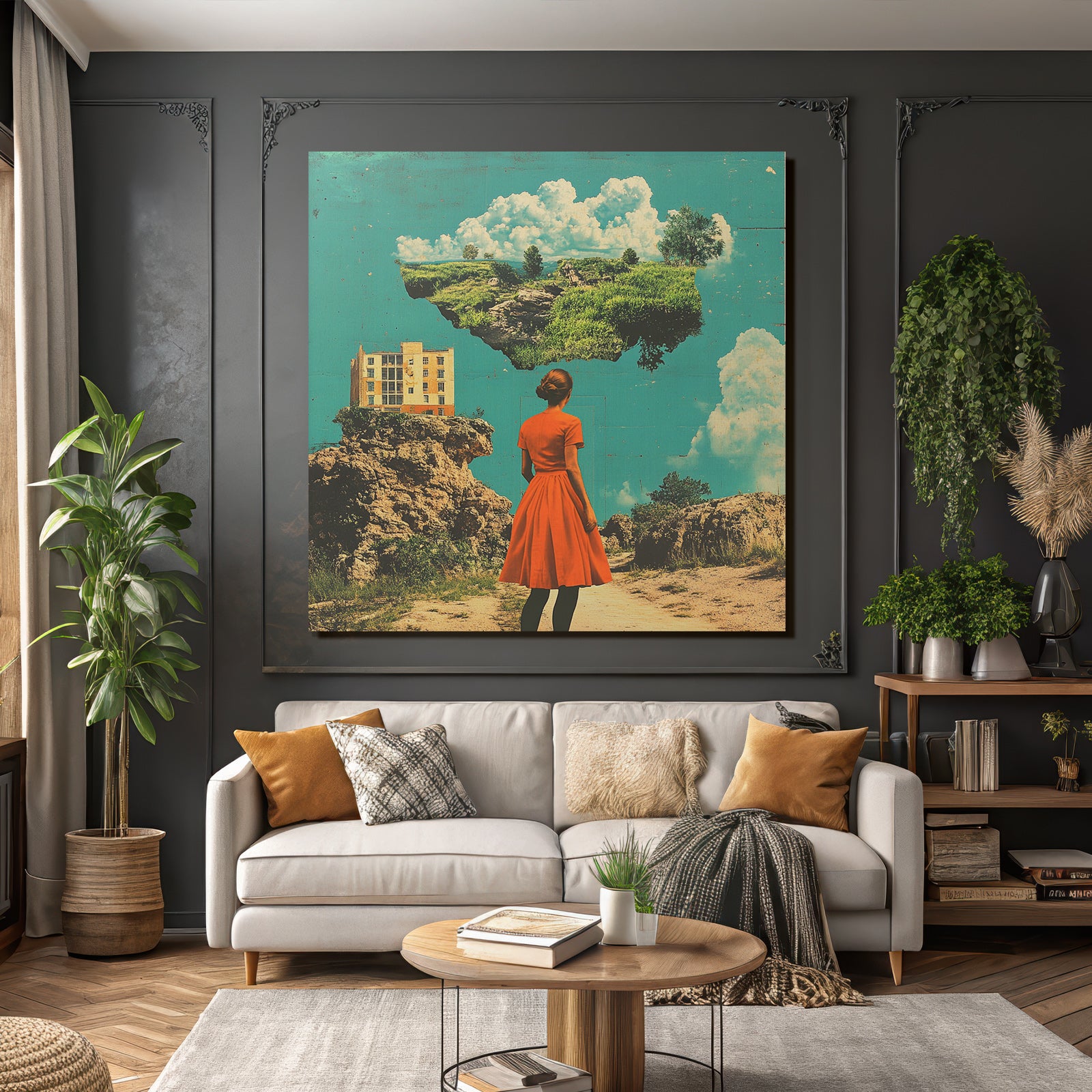 Frau Im Roten Kleid Traumlandschaft Mit Architektur