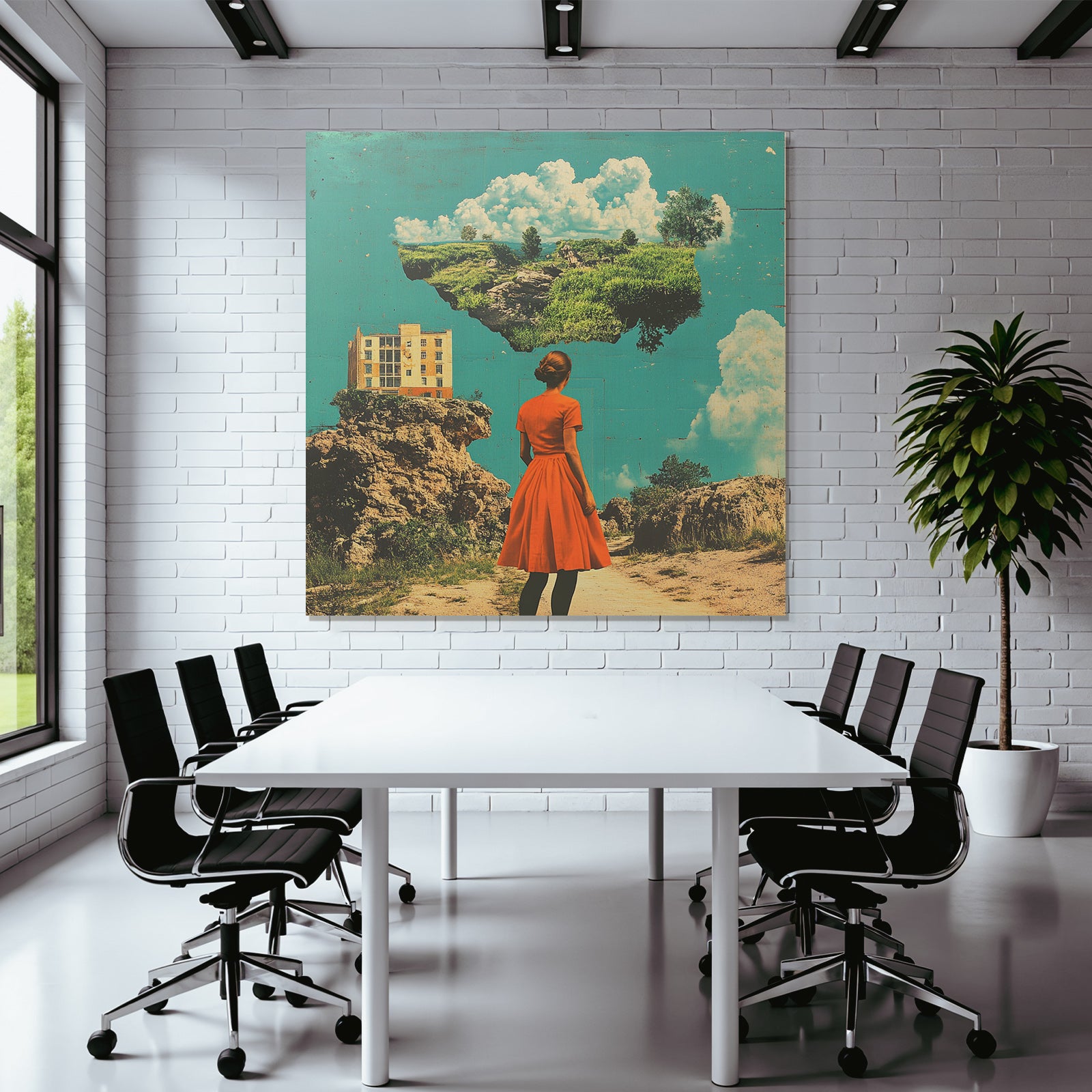 Frau Im Roten Kleid Traumlandschaft Mit Architektur