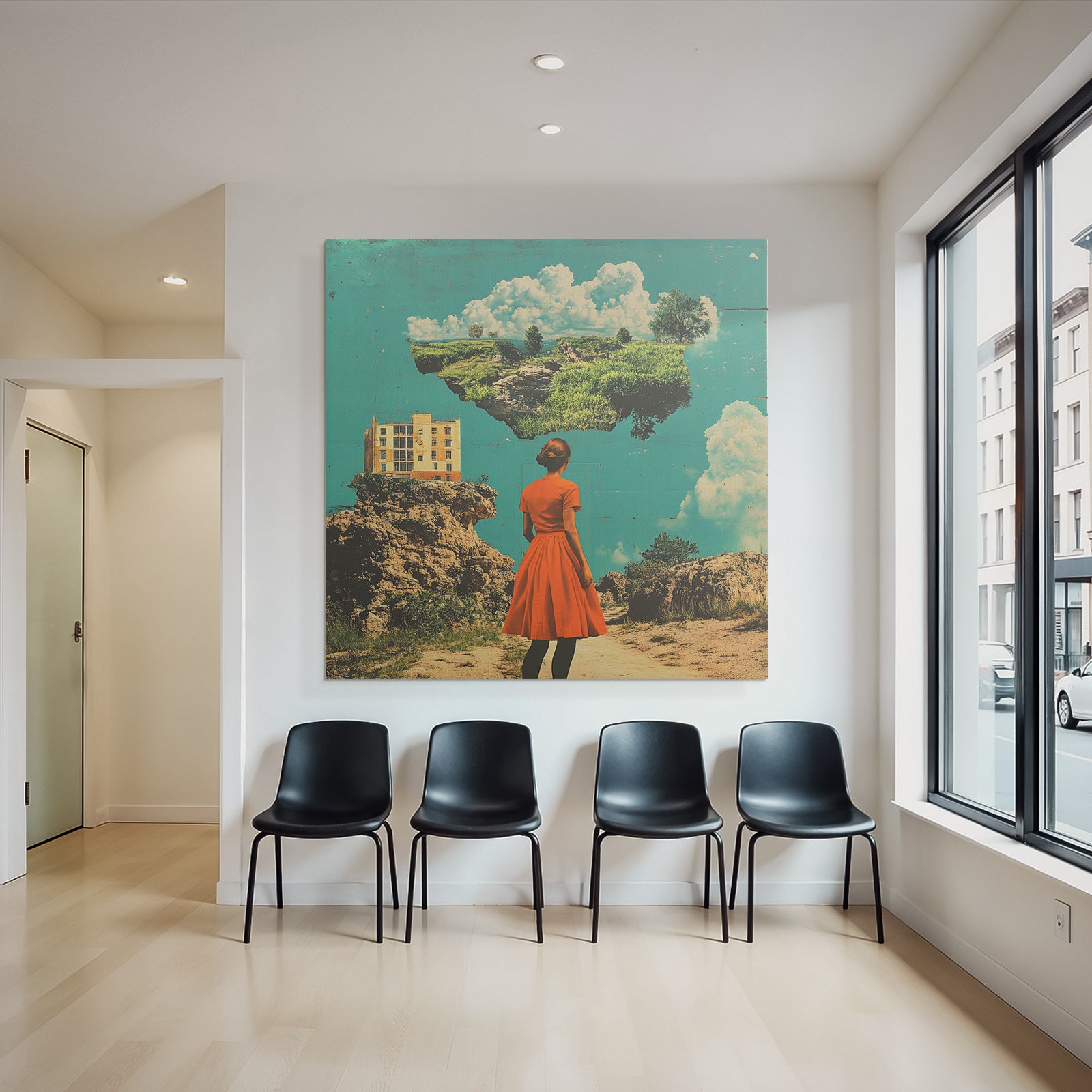 Frau Im Roten Kleid Traumlandschaft Mit Architektur