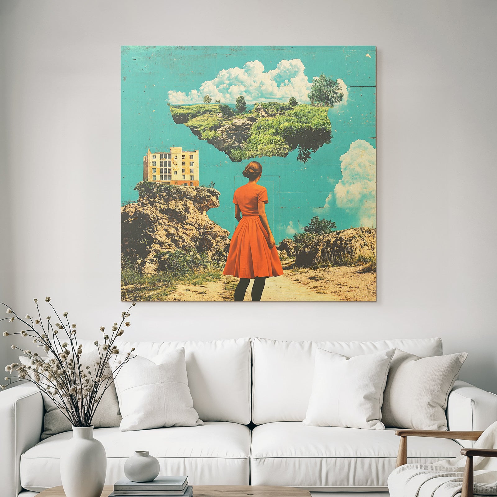 Frau Im Roten Kleid Traumlandschaft Mit Architektur