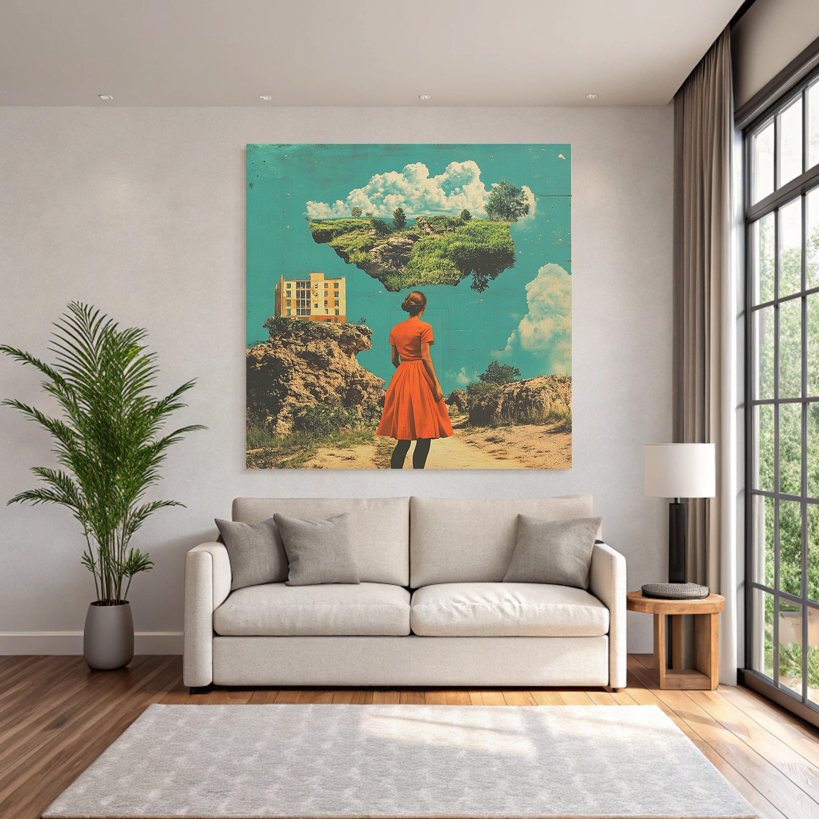 Frau Im Roten Kleid Traumlandschaft Mit Architektur