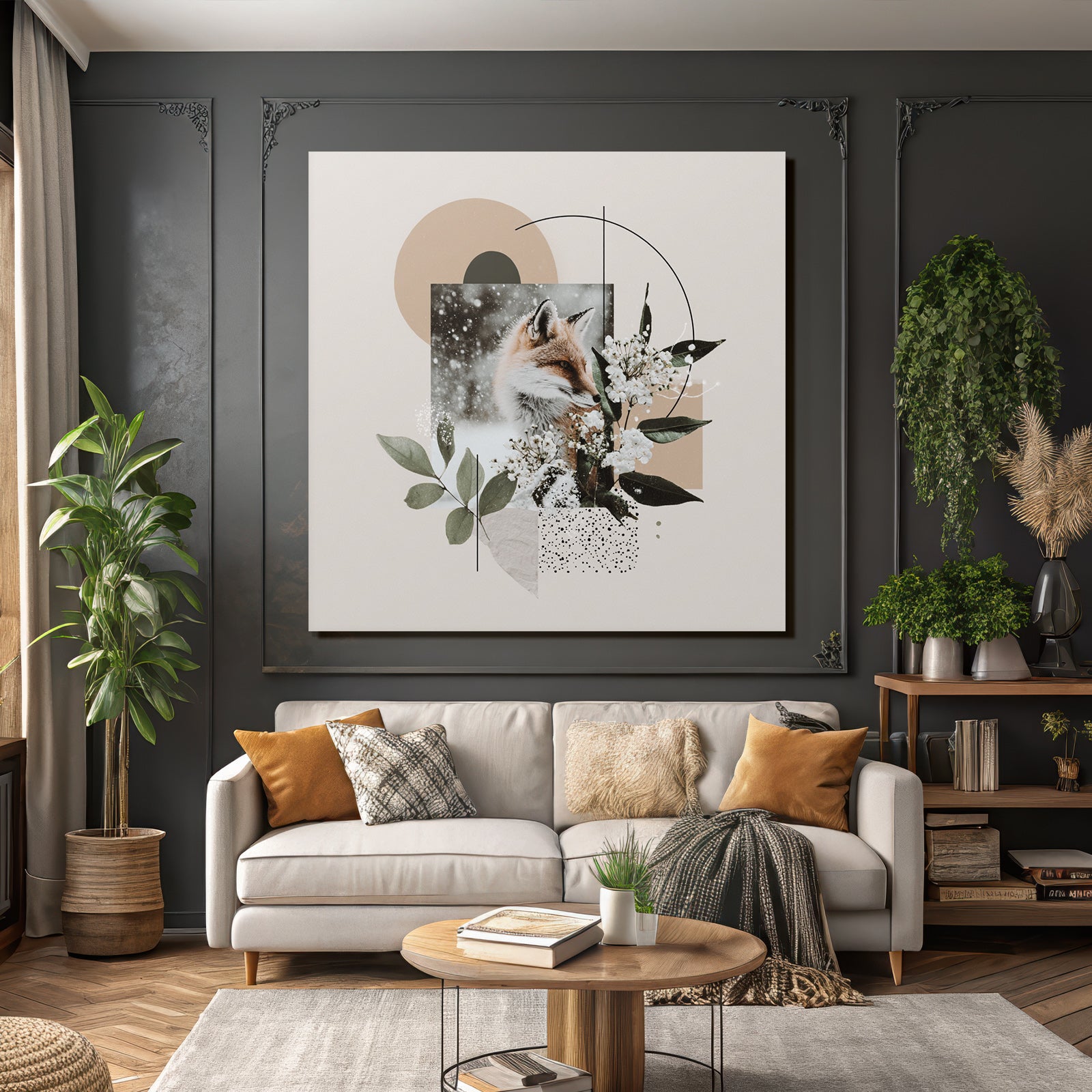 Fuchs Im Schnee Mit Blumen Und Geometrischen Formen