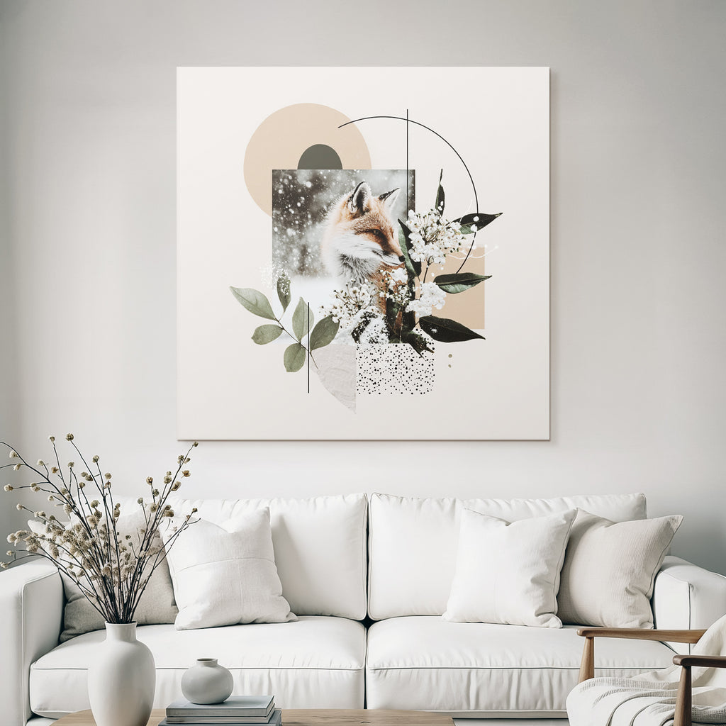 Fuchs Im Schnee Mit Blumen Und Geometrischen Formen
