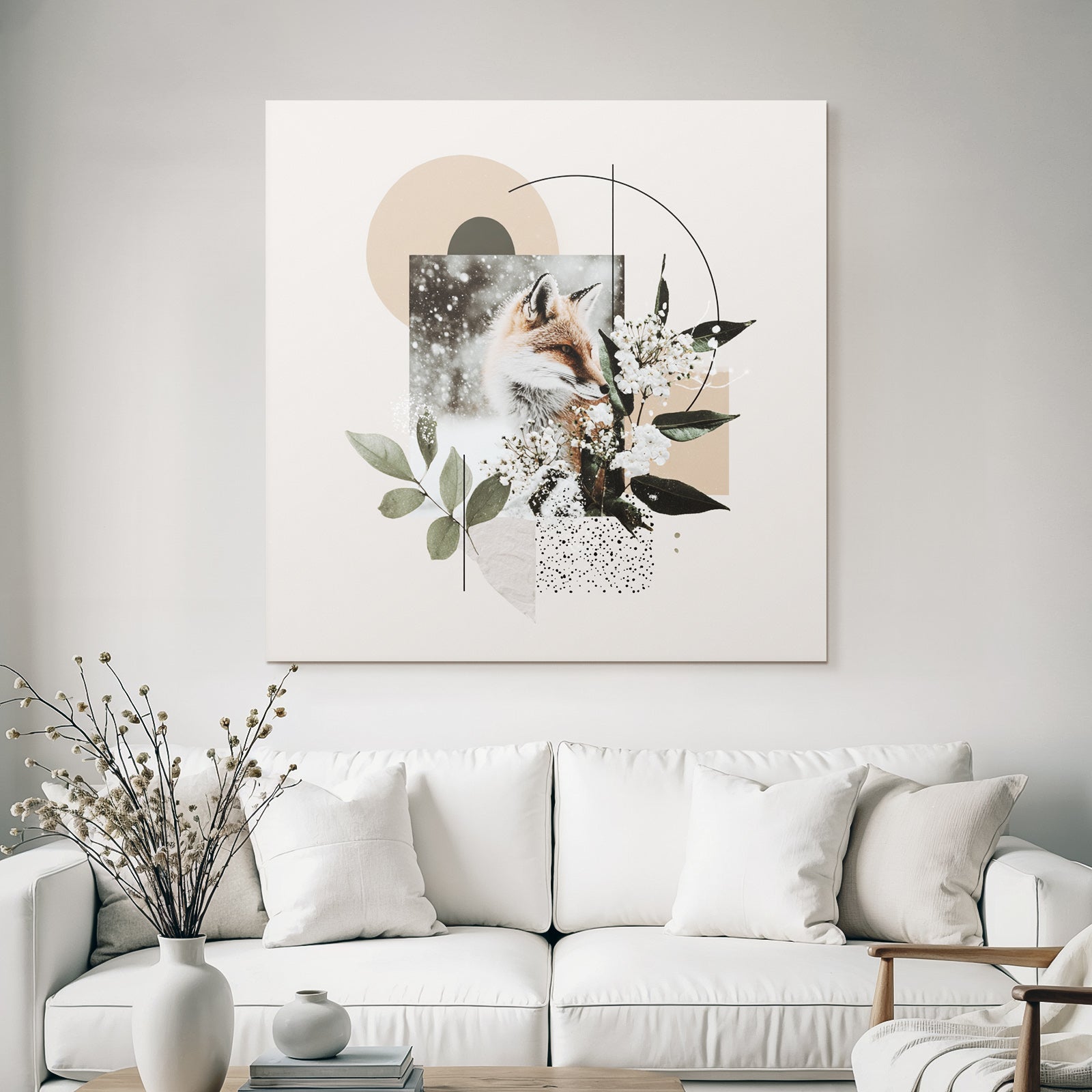 Fuchs Im Schnee Mit Blumen Und Geometrischen Formen
