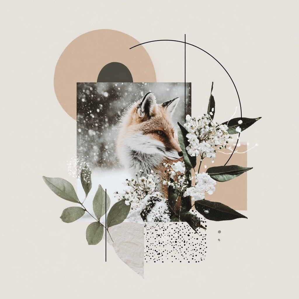 Fuchs Im Schnee Mit Blumen Und Geometrischen Formen | Collagen | Kunstgattungen