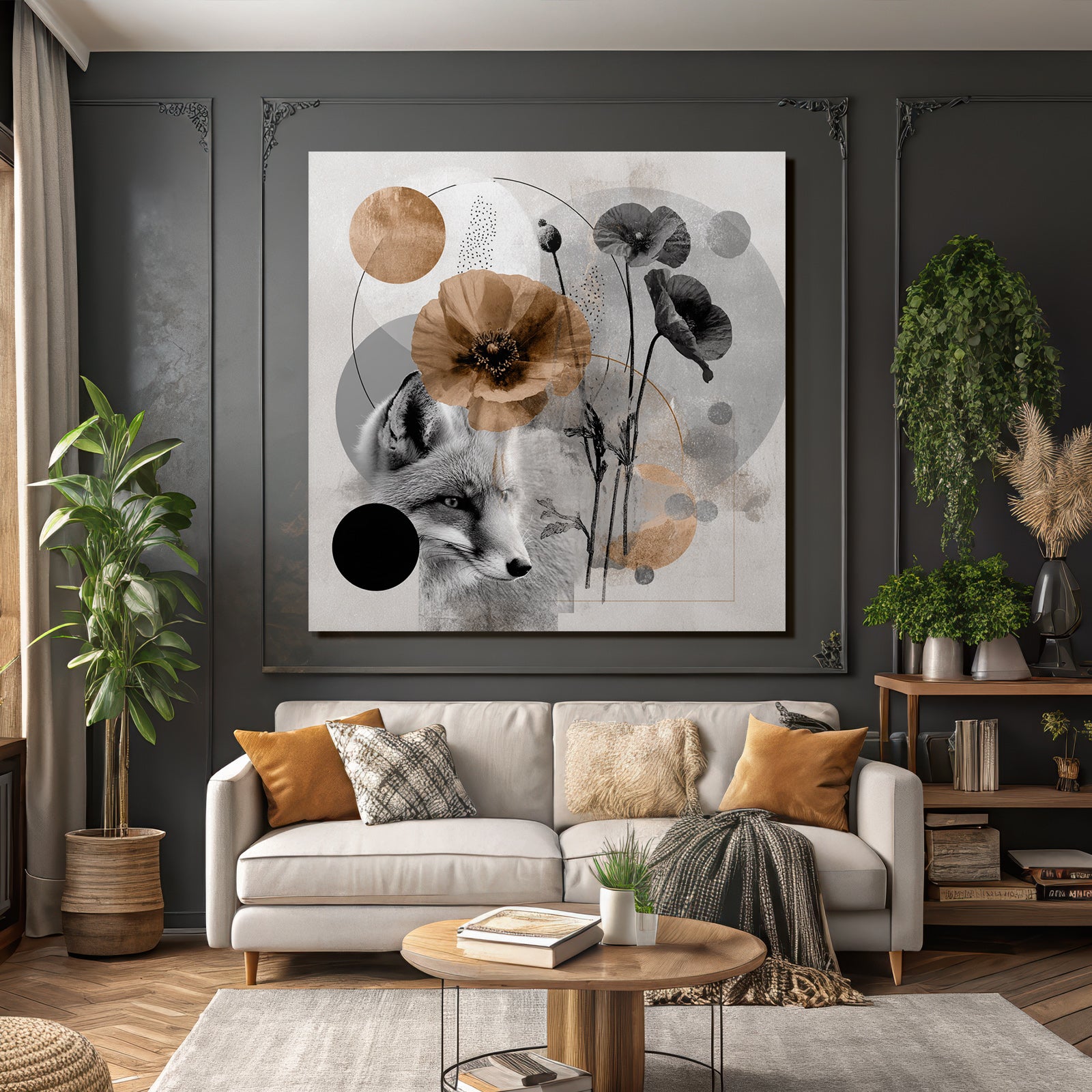 Fuechse Und Blumen Kollage Geometrische Grafik Abstrakt