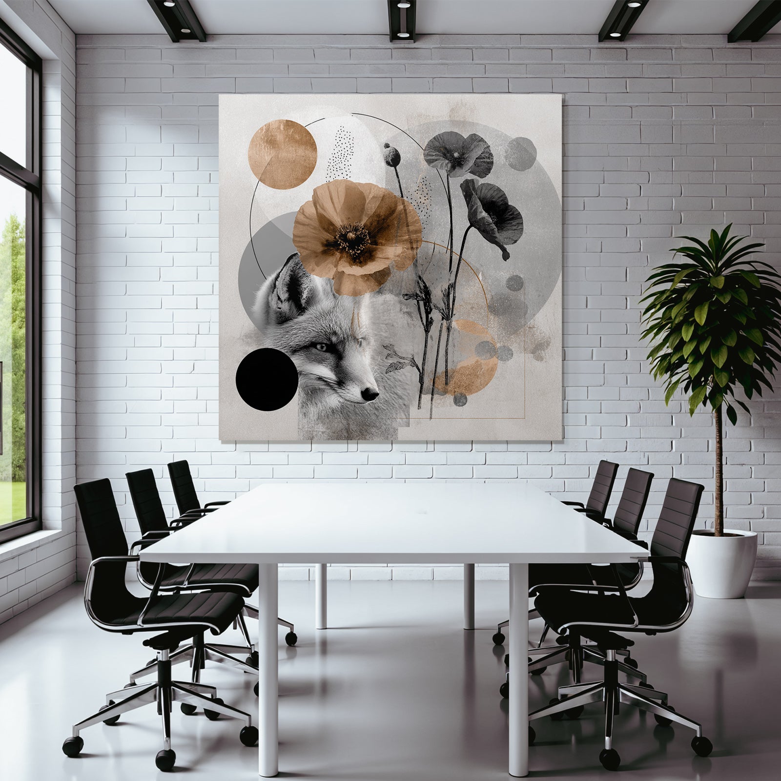 Fuechse Und Blumen Kollage Geometrische Grafik Abstrakt