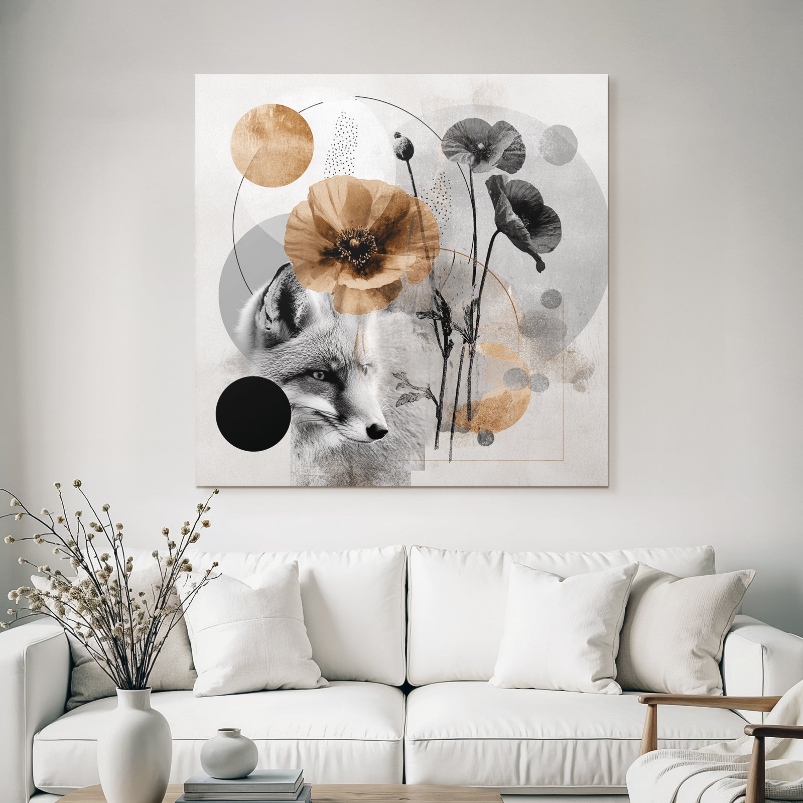 Fuechse Und Blumen Kollage Geometrische Grafik Abstrakt