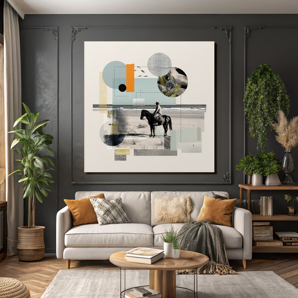 Gemischte Medien Collage Reiter Und Pferd Am Strand Geometrische Formen