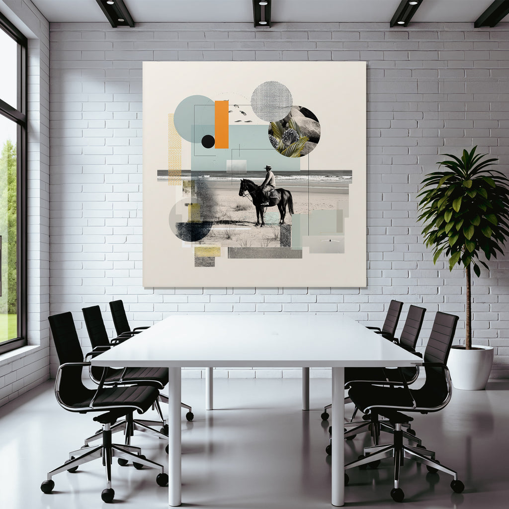 Gemischte Medien Collage Reiter Und Pferd Am Strand Geometrische Formen