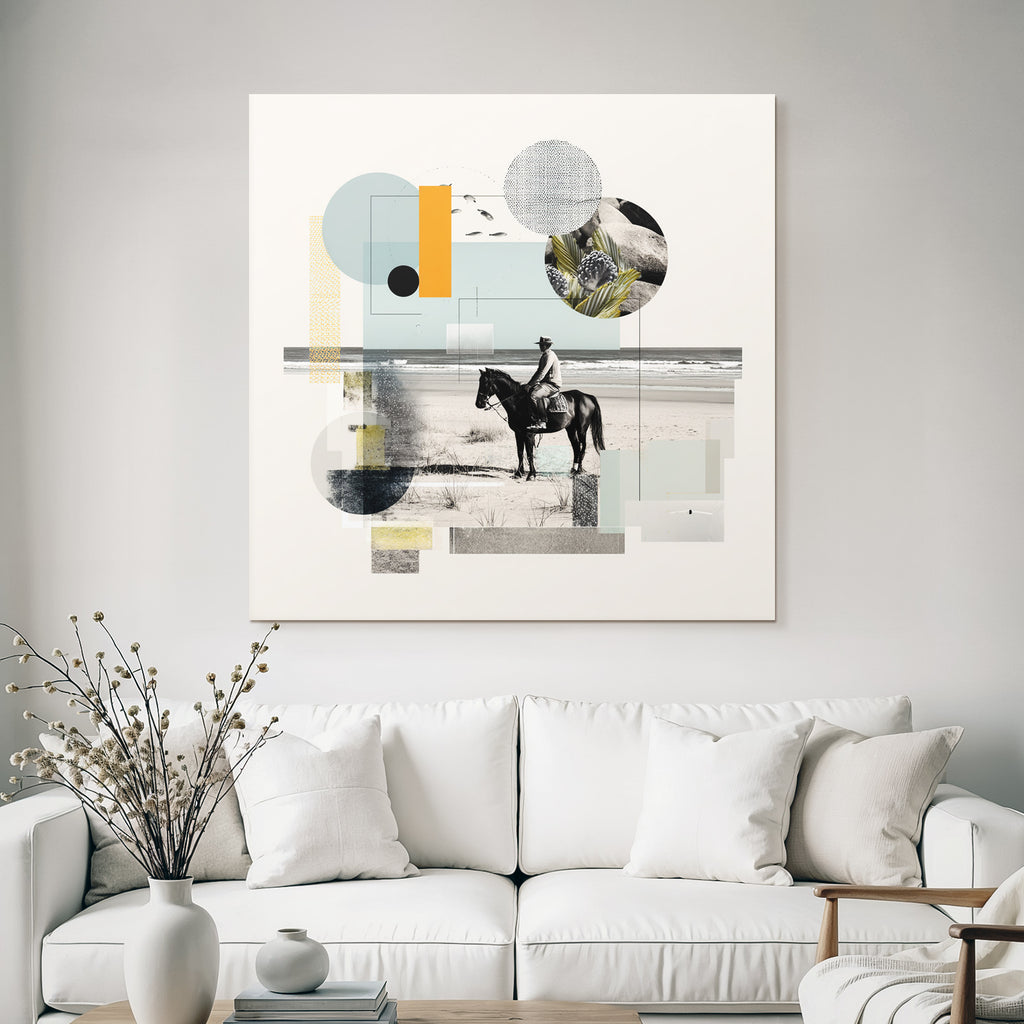 Gemischte Medien Collage Reiter Und Pferd Am Strand Geometrische Formen