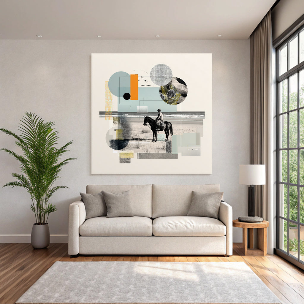 Gemischte Medien Collage Reiter Und Pferd Am Strand Geometrische Formen