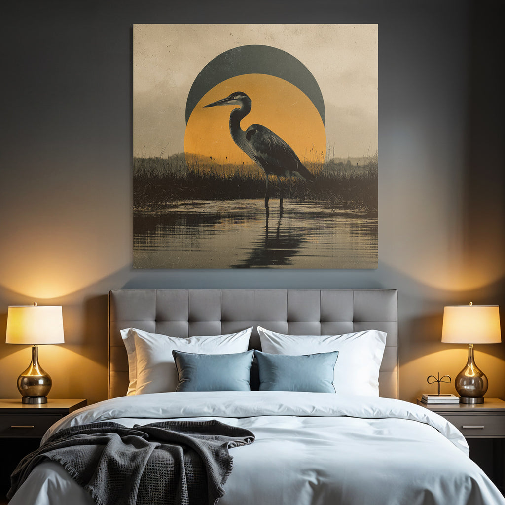 Heron Im Wasser Mit Geometrischem Hintergrund Gelbe Kreis Vintage Aesthetik