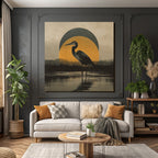 Heron Im Wasser Mit Geometrischem Hintergrund Gelbe Kreis Vintage Aesthetik