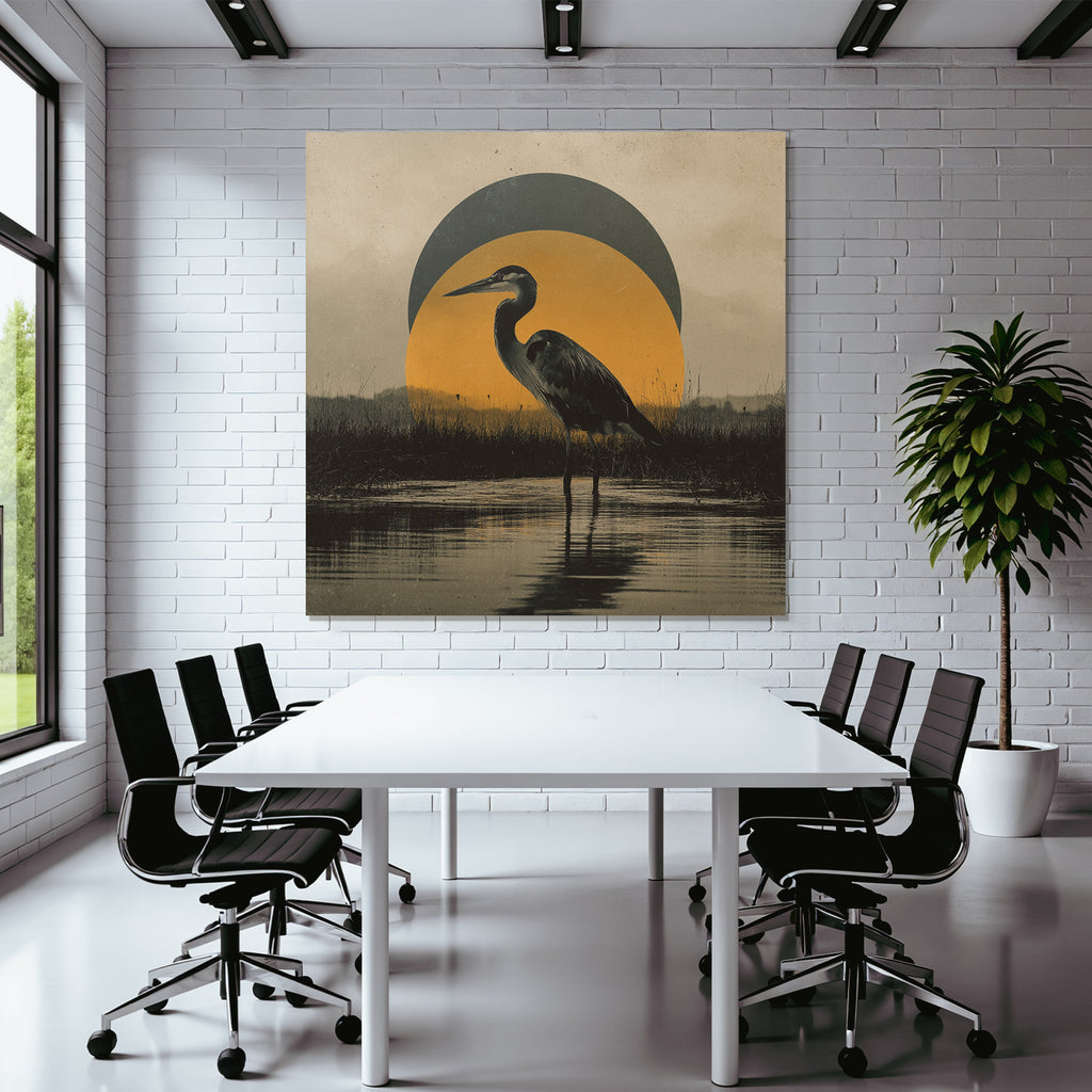 Heron Im Wasser Mit Geometrischem Hintergrund Gelbe Kreis Vintage Aesthetik