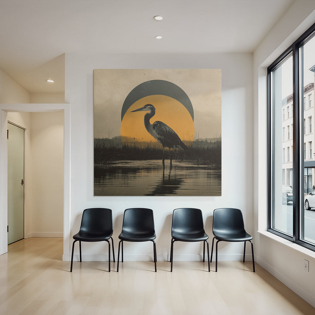 Heron Im Wasser Mit Geometrischem Hintergrund Gelbe Kreis Vintage Aesthetik