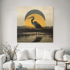 Heron Im Wasser Mit Geometrischem Hintergrund Gelbe Kreis Vintage Aesthetik