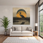Heron Im Wasser Mit Geometrischem Hintergrund Gelbe Kreis Vintage Aesthetik