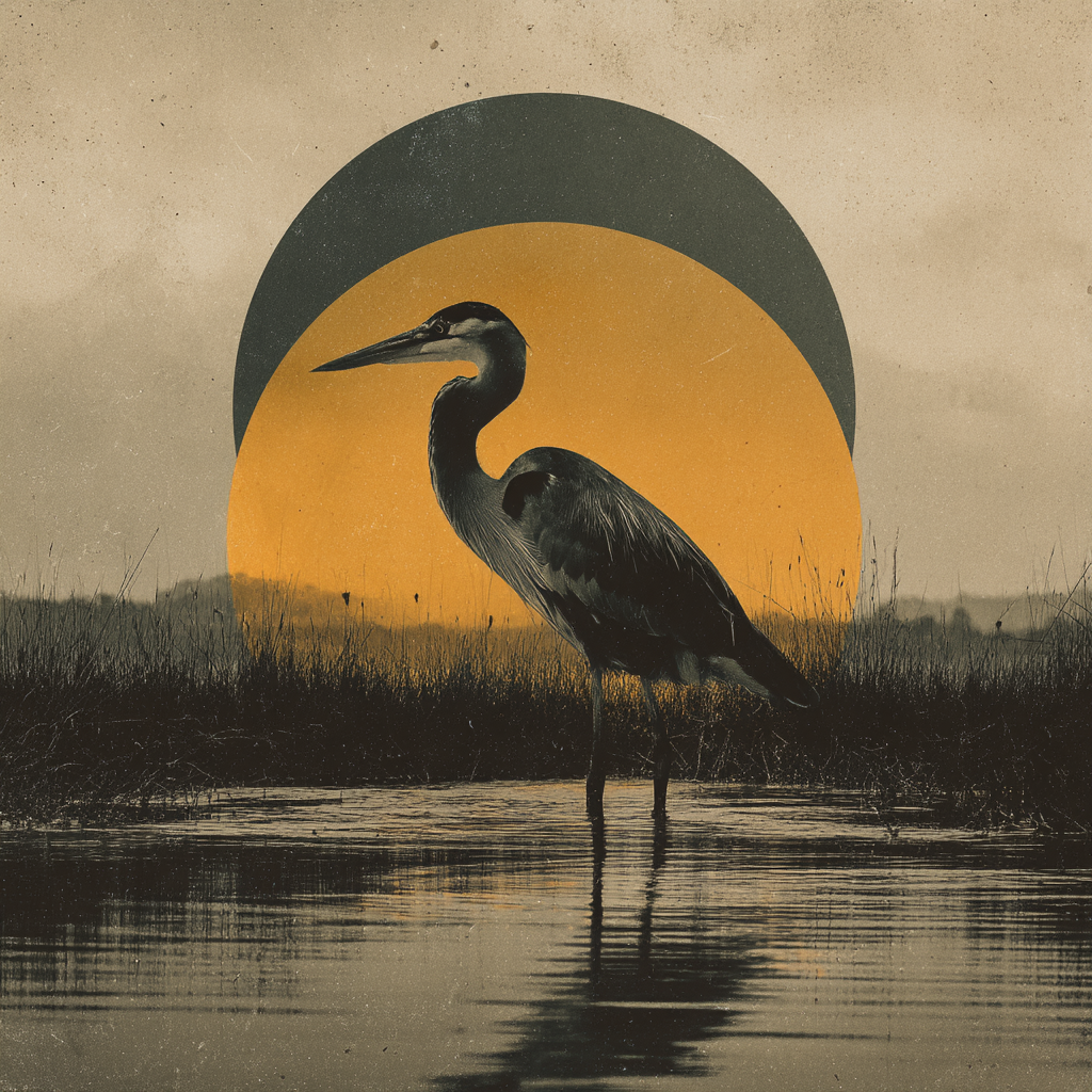 Heron Im Wasser Mit Geometrischem Hintergrund Gelbe Kreis Vintage Aesthetik | Collagen | Kunstgattungen