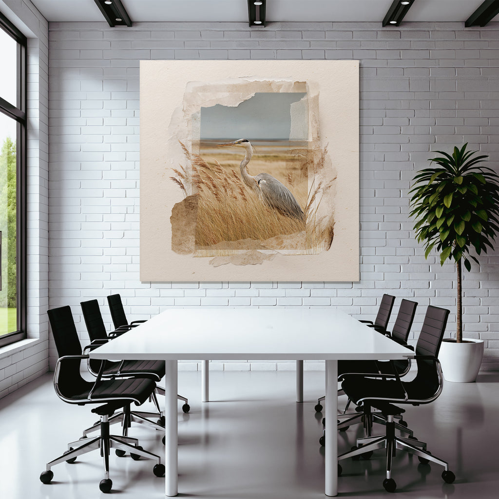 Heron In Grass Naturlandschaft Kunst Stil