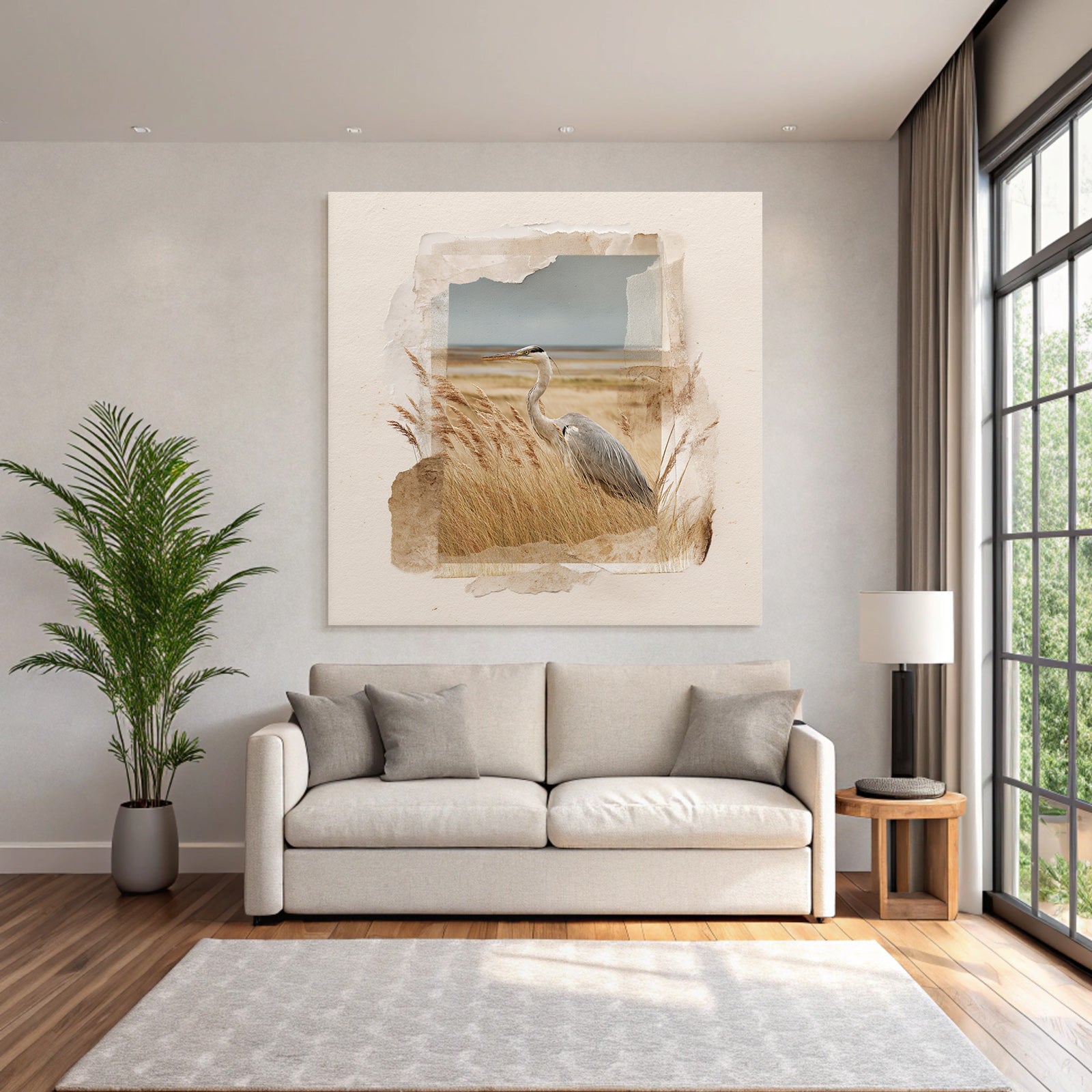 Heron In Grass Naturlandschaft Kunst Stil