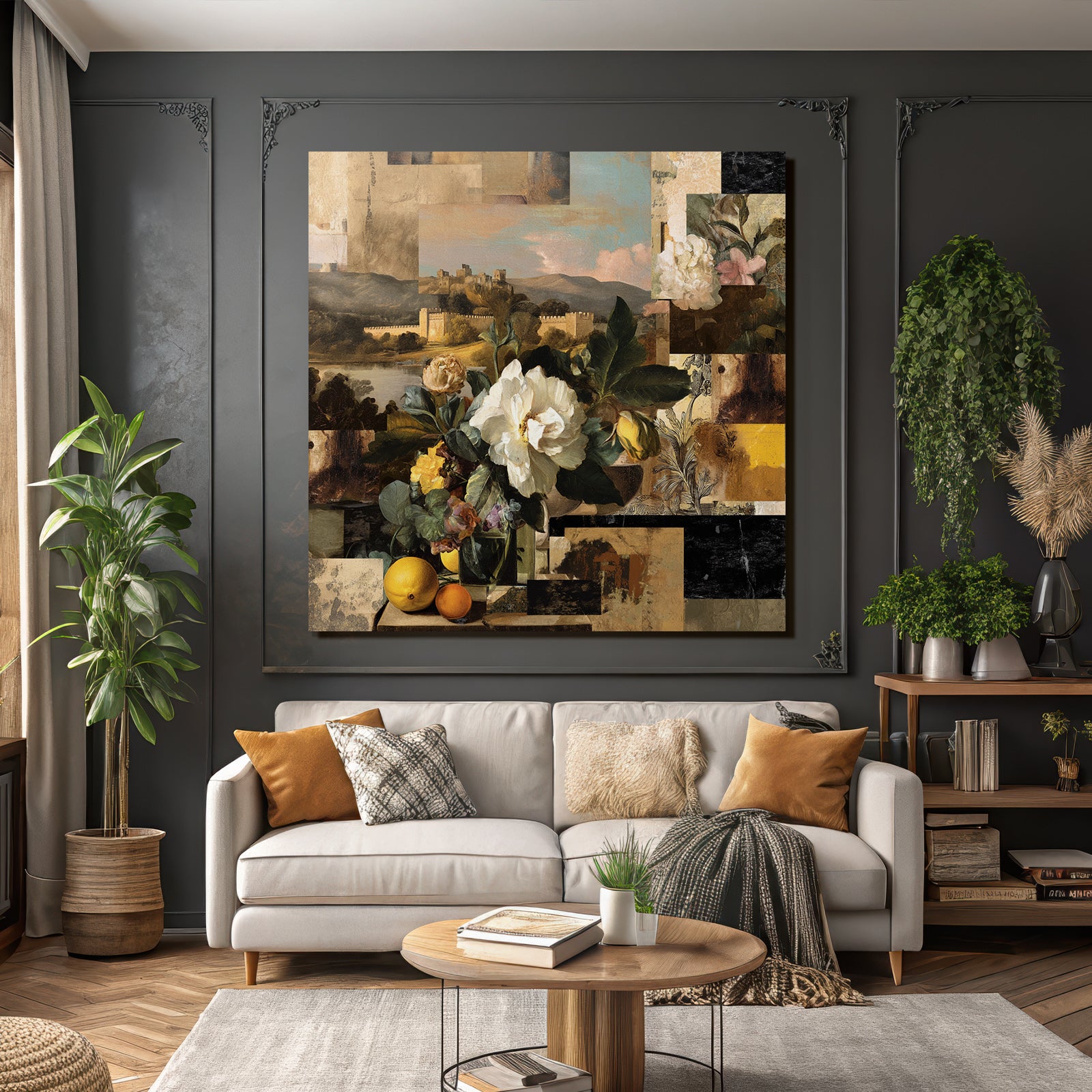 Klassische Stillleben Blumen Obst Collage