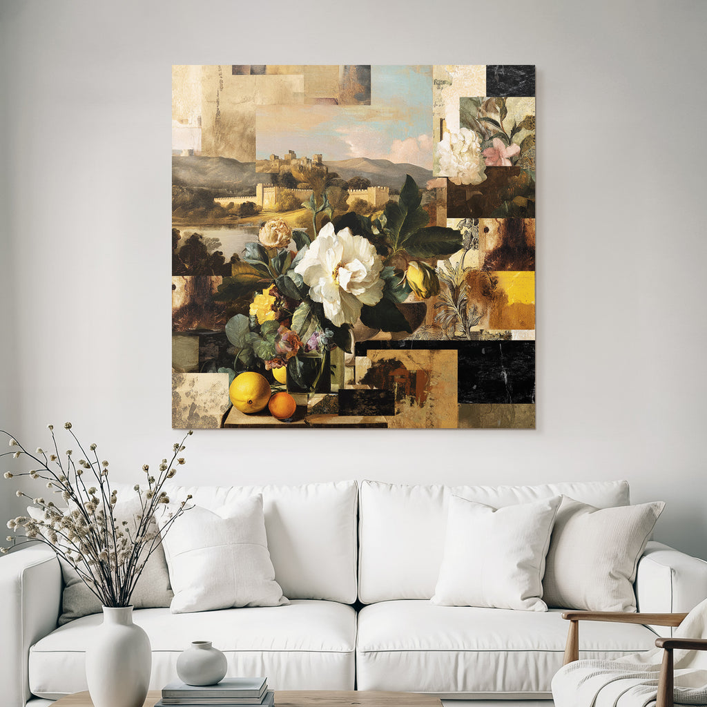Klassische Stillleben Blumen Obst Collage