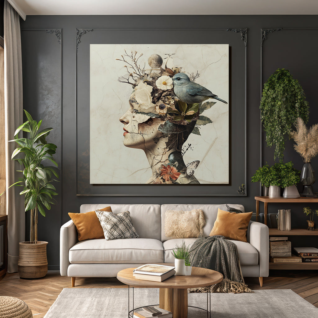 Menschliche Silhouette Mit Natur Elementen Blumen Und Vogel