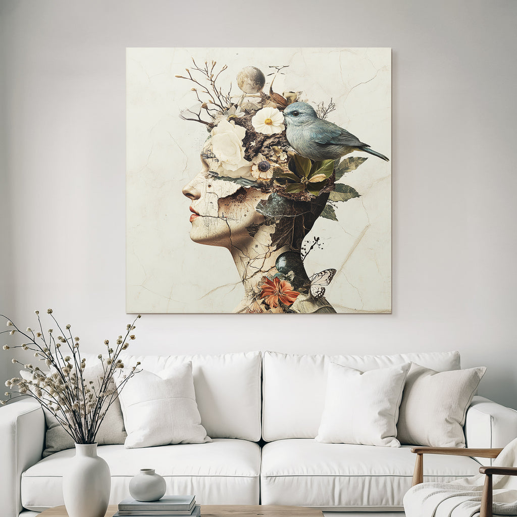 Menschliche Silhouette Mit Natur Elementen Blumen Und Vogel