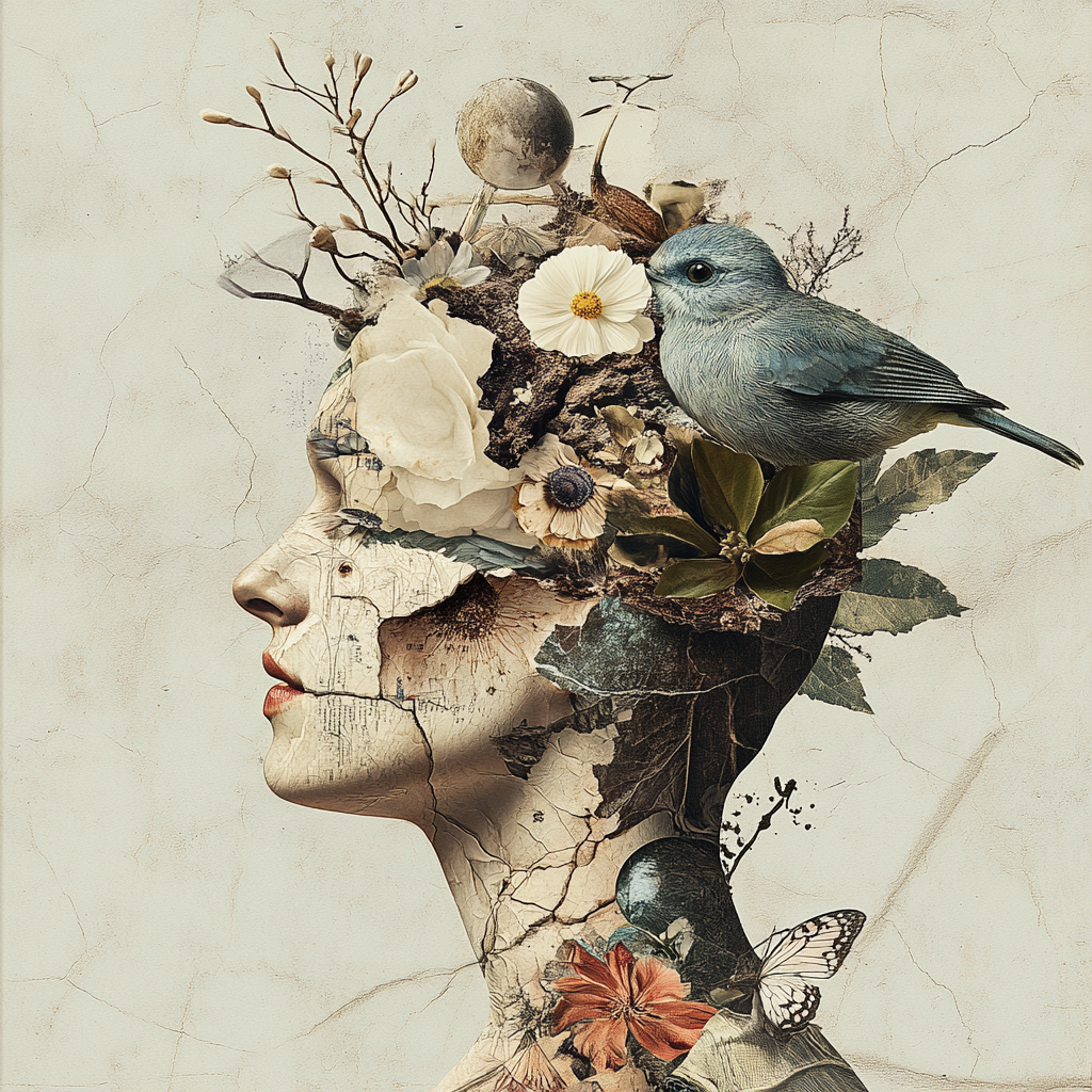 Menschliche Silhouette Mit Natur Elementen Blumen Und Vogel | Collagen | Kunstgattungen