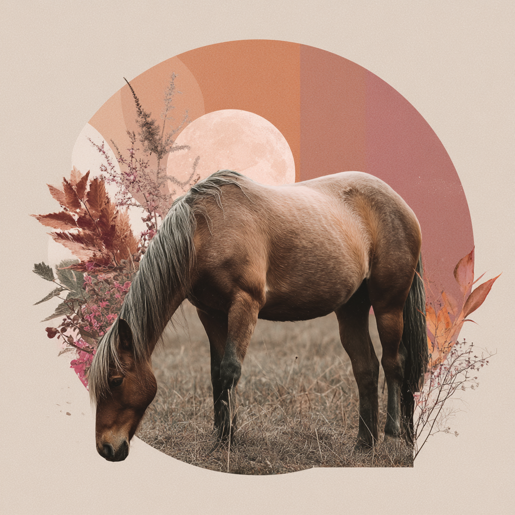 Pferd Stilisierte Hintergrund Mit Floralen Elementen Erdige Farbtoene | Collagen | Kunstgattungen
