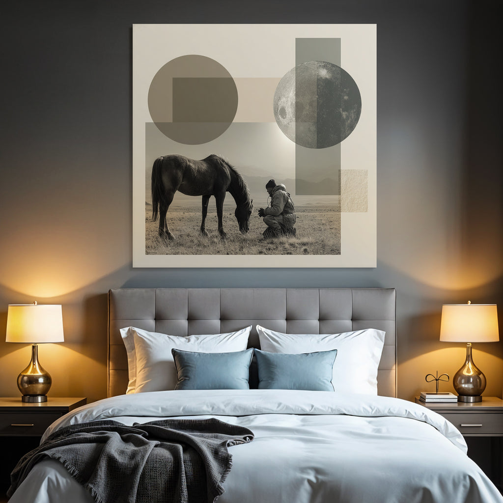 Pferd Und Mensch Interaktion In Der Landschaft Geometrische Formen Mond