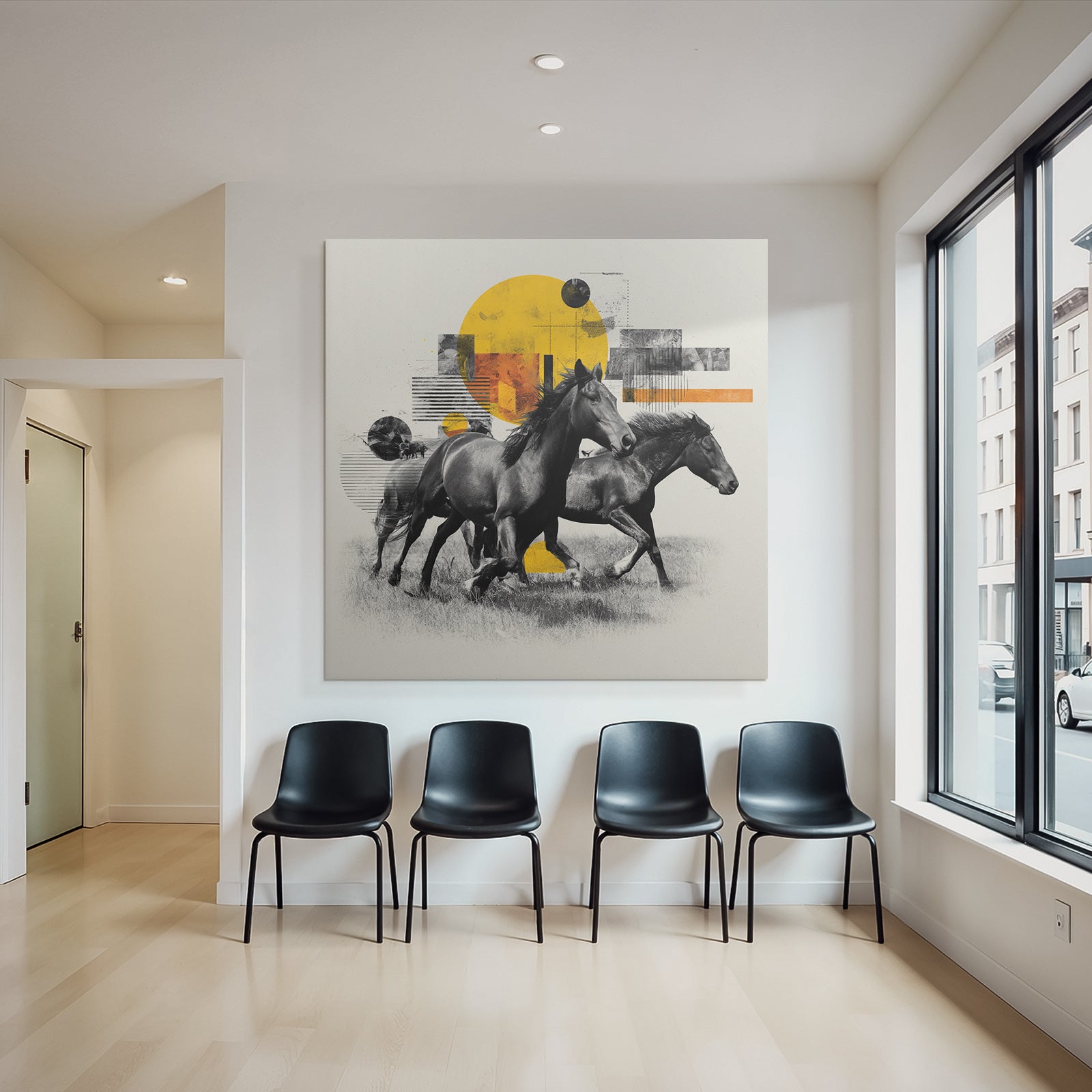 Pferde Im Lauf Stilisierte Kunstkomposition Mit Bunten Graphikelementen