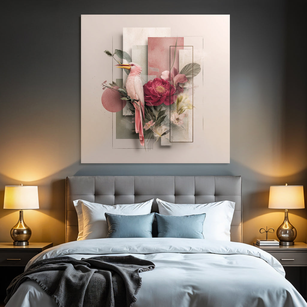 Rosa Vogel Umgeben Von Blumen Und Geometrischen Formen