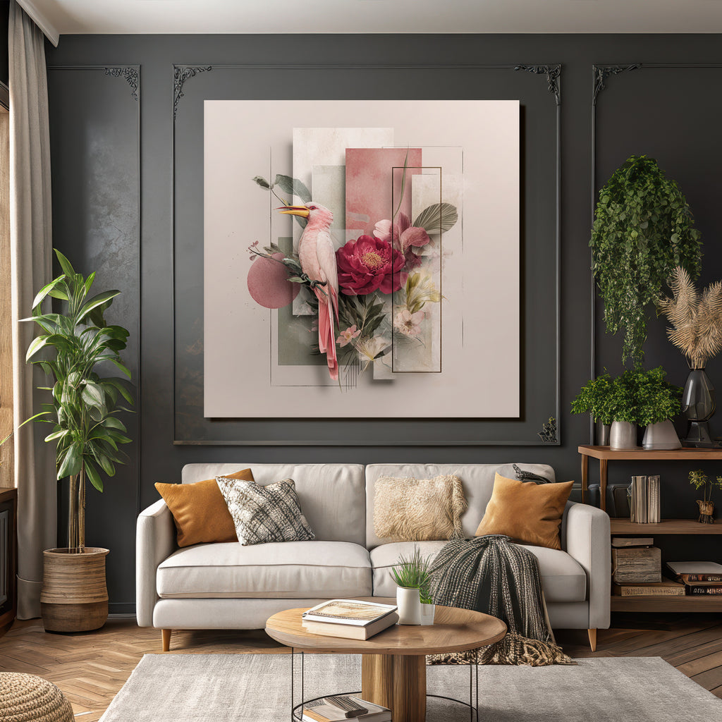 Rosa Vogel Umgeben Von Blumen Und Geometrischen Formen