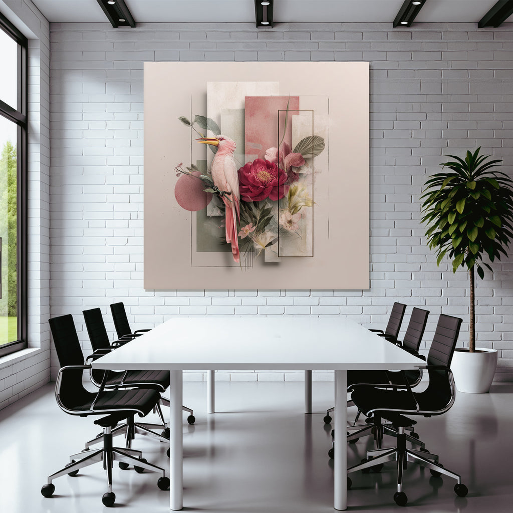 Rosa Vogel Umgeben Von Blumen Und Geometrischen Formen