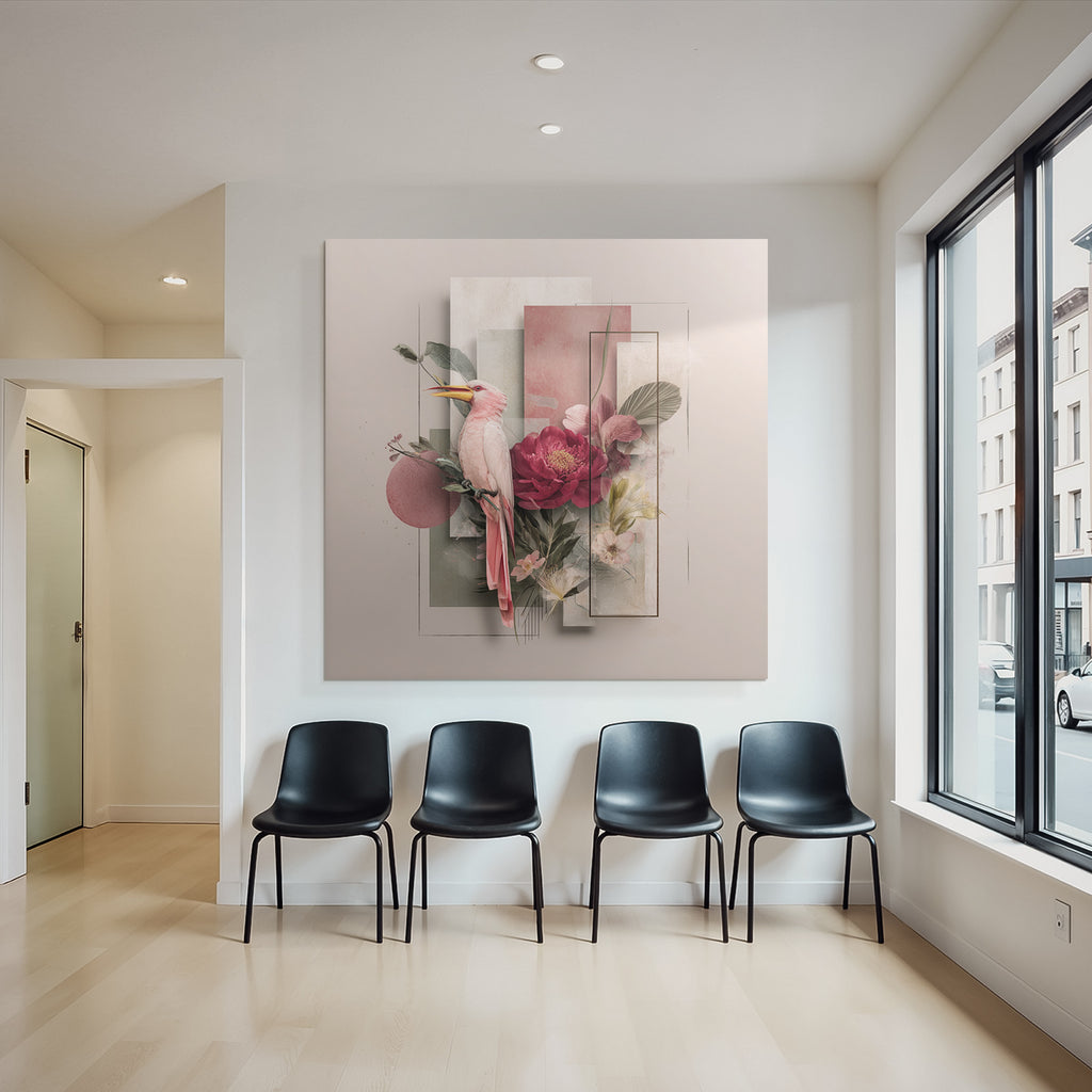 Rosa Vogel Umgeben Von Blumen Und Geometrischen Formen