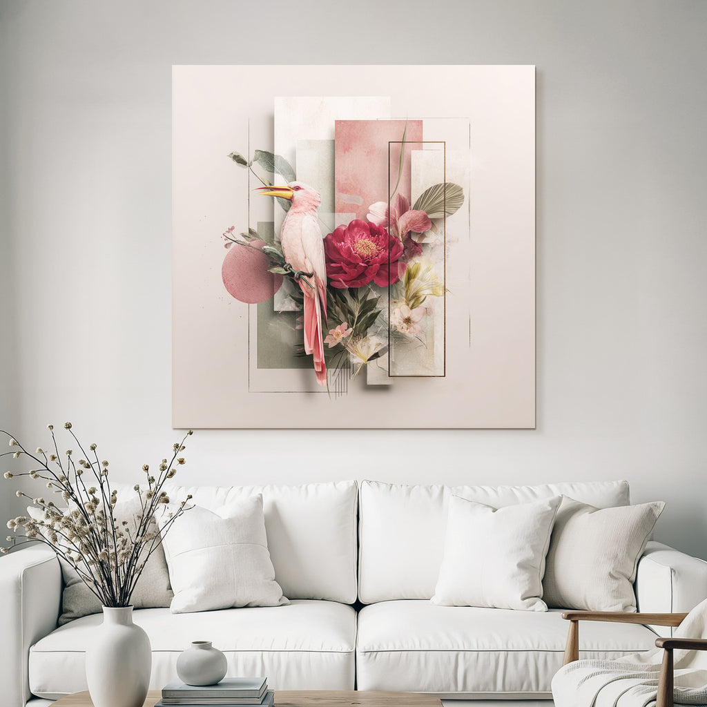 Rosa Vogel Umgeben Von Blumen Und Geometrischen Formen