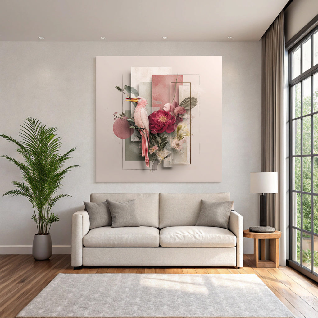 Rosa Vogel Umgeben Von Blumen Und Geometrischen Formen