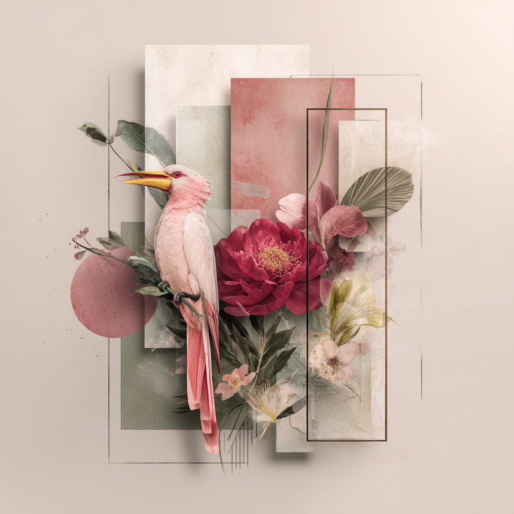 Rosa Vogel Umgeben Von Blumen Und Geometrischen Formen | Collagen | Kunstgattungen