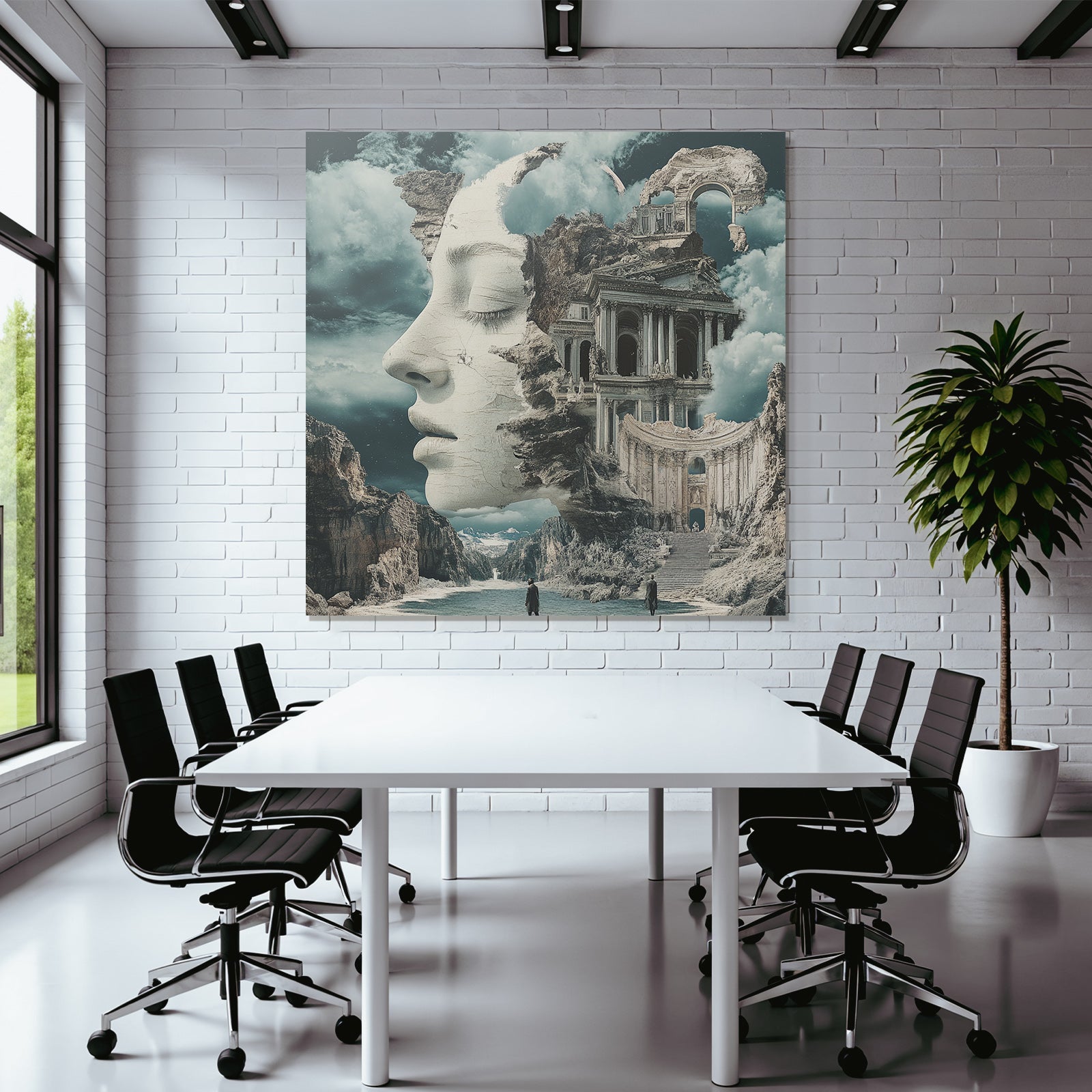 Surreale Kunstwerk Menschliches Gesicht Mit Architektonischen Ruinen Und Landschaftsdramatik