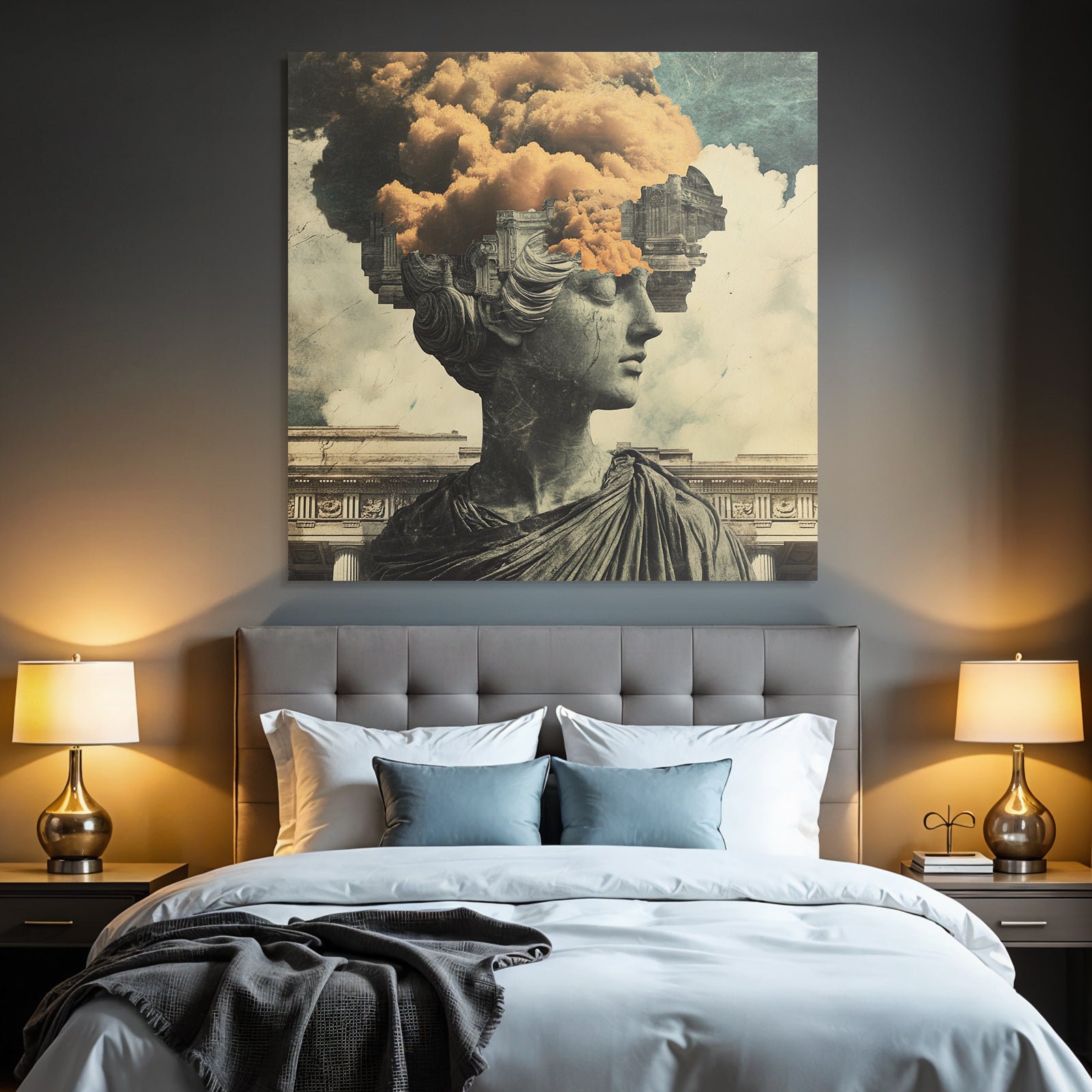 Surreale Kunstwerk Statue Mit Clouds Architektonischen Elementen