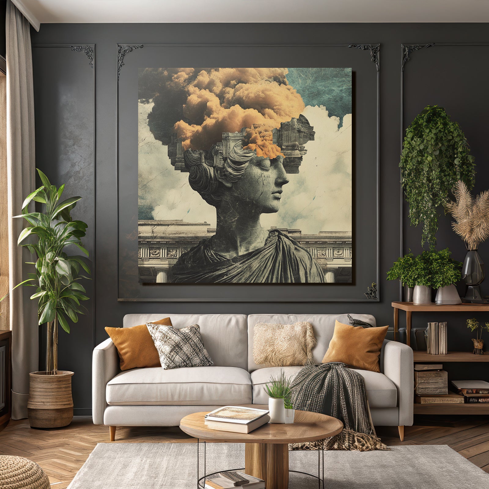 Surreale Kunstwerk Statue Mit Clouds Architektonischen Elementen