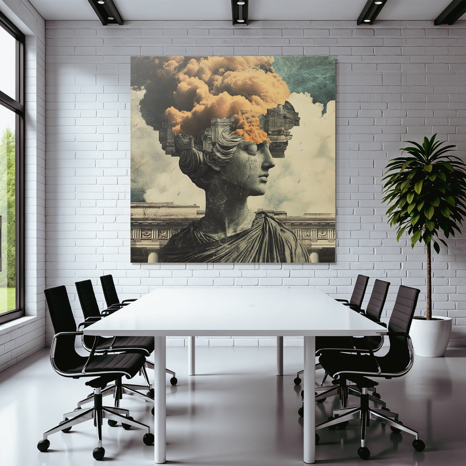 Surreale Kunstwerk Statue Mit Clouds Architektonischen Elementen