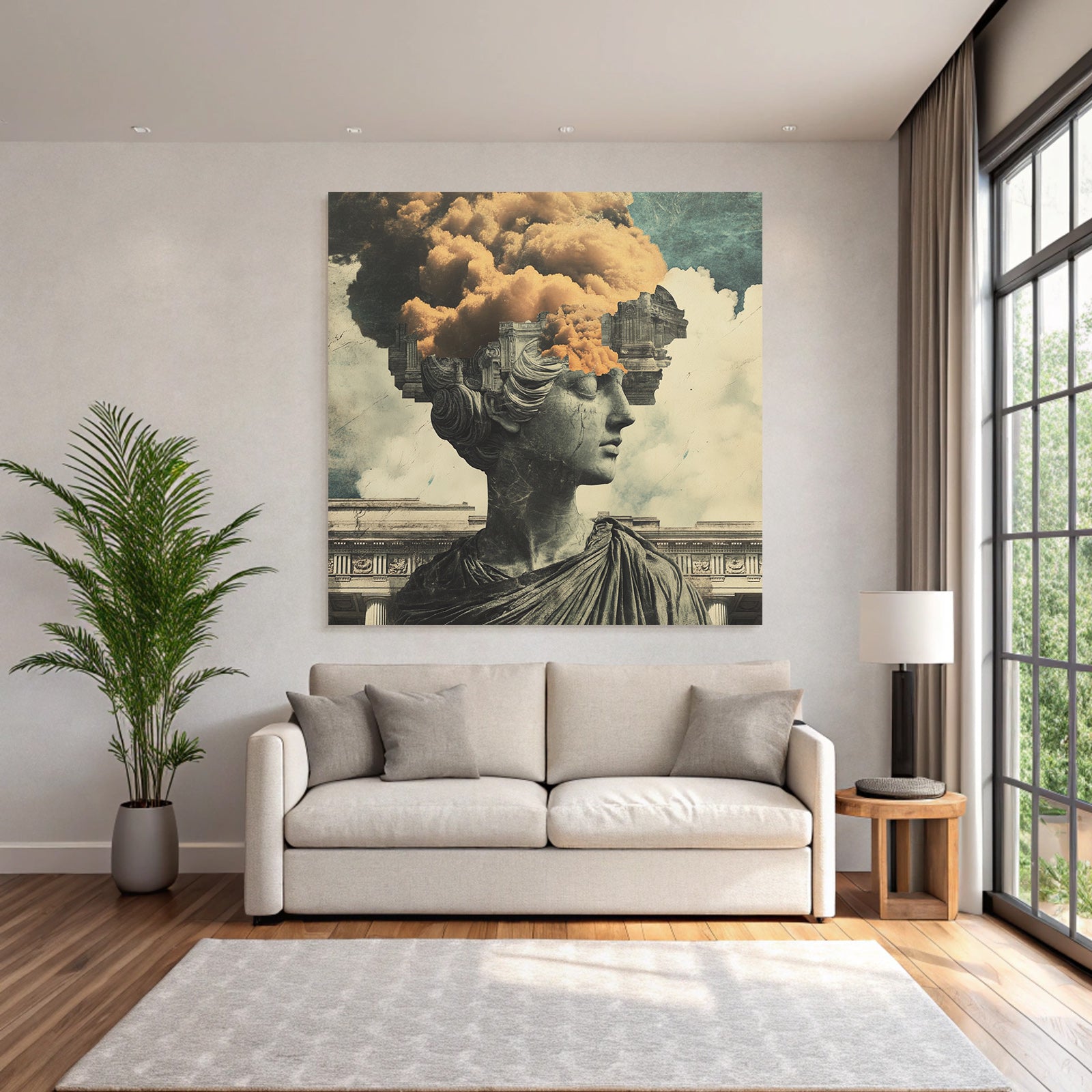 Surreale Kunstwerk Statue Mit Clouds Architektonischen Elementen