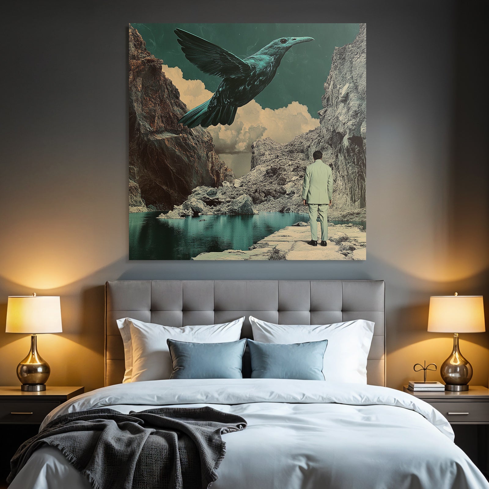Surreale Vogel Ueber Landschaft Mit Figuren In Anzug